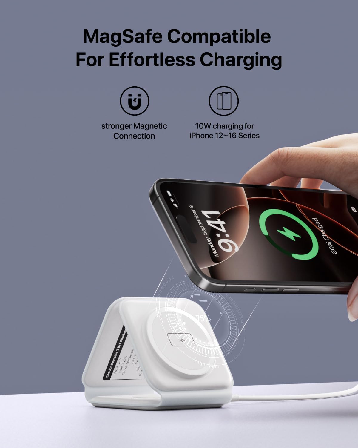 3-in-1-Wireless-Charger-for-Magsafe-for iPhone 16, Apple Watch S10, AirPods 4, Foldable-Travel-Charging-Station with Evolved Pro Magnetic Pad, Portable Essentials (White) - Image 3