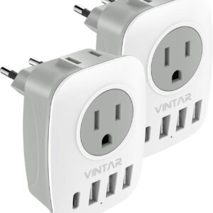 2 Pack European Travel Plug Adapter, VINTAR International Power Plug Adapter with 1 USB C, 2 American Outlets and 3 USB Ports, 6 in 1 Travel Essentials to Most of Europe Greece, Italy(Type C)