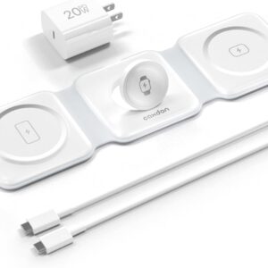 3-in-1-Wireless-Charger-for-Magsafe-for iPhone 16, Apple Watch S10, AirPods 4, Foldable-Travel-Charging-Station with Evolved Pro Magnetic Pad, Portable Essentials (White)