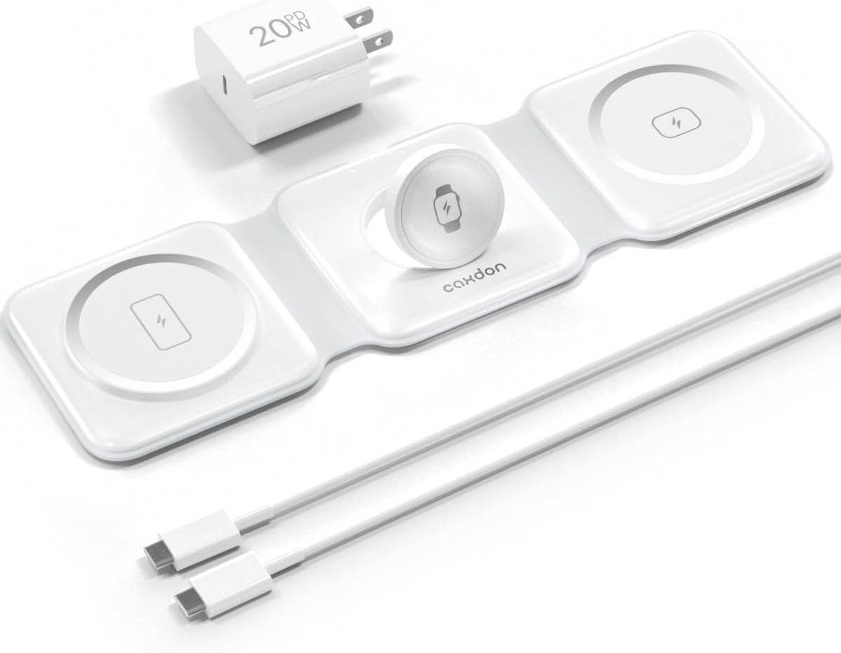 3-in-1-Wireless-Charger-for-Magsafe-for iPhone 16, Apple Watch S10, AirPods 4, Foldable-Travel-Charging-Station with Evolved Pro Magnetic Pad, Portable Essentials (White)