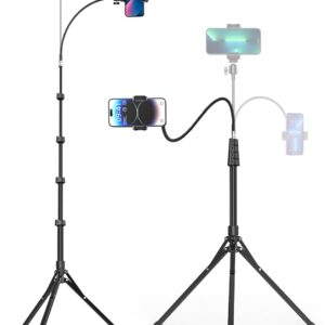 Aureday Phone Tripod, 92" Cell Phone Stand with 15" Gooseneck, Remote and Phone Holder, Overhead & Selfie Stick for Recording/Watching/Vlog, Compatible with iPhone Android
