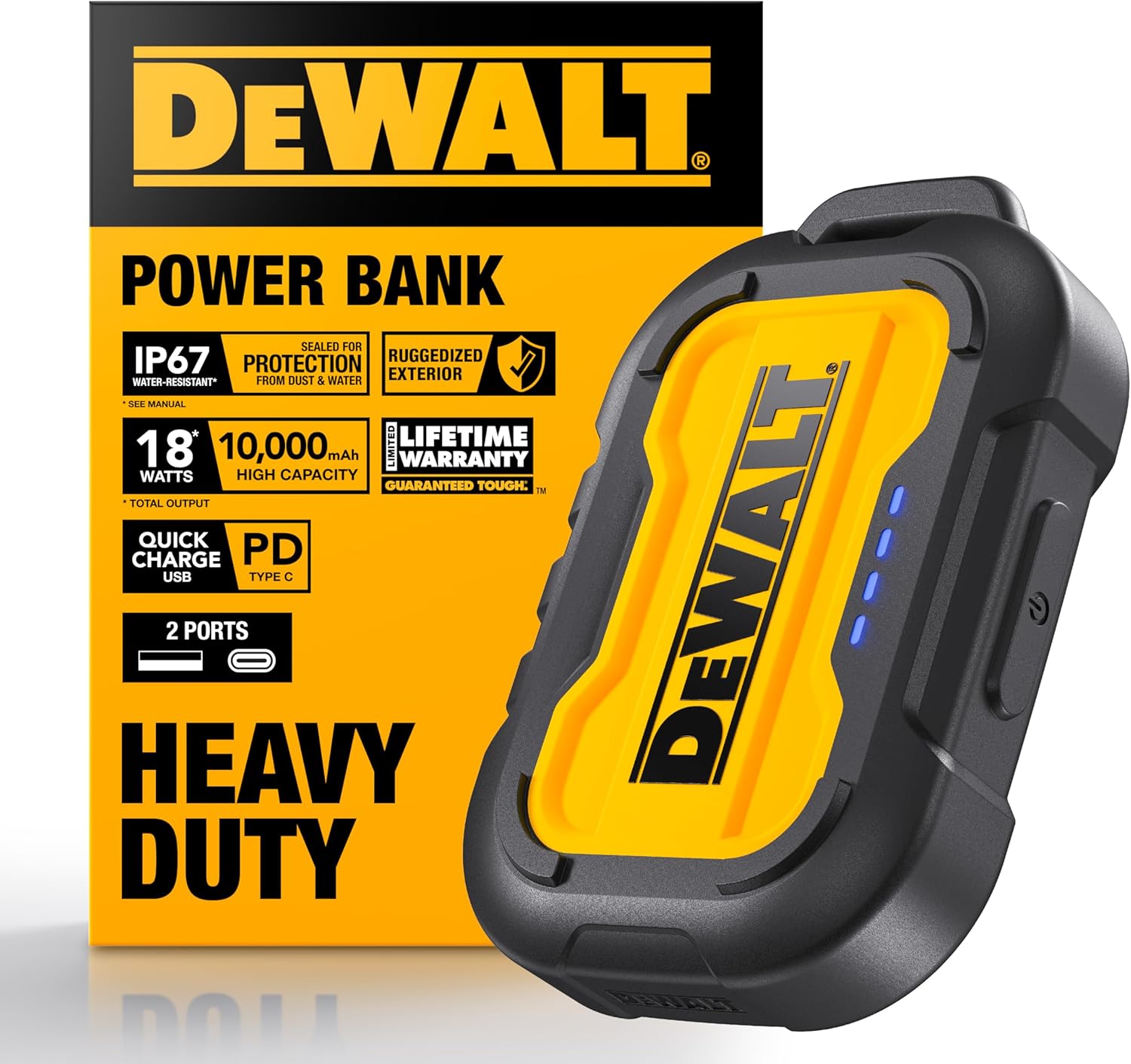 DEWALT Heavy Duty Portable Charger, Power Bank, 10,000 mAh Battery Pack with USB-C Port for iPhone 16/16 Plus/16 Pro/16 Pro Max, iPhone 15/14/13, Samsung Galaxy