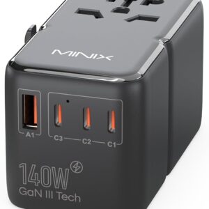 MINIX TP140 Universal Travel Adapter with 140W PD Ports GaN Technology International AC Socket with 1 USB-A and 3 USB-C Port,worldwild Adapter with Fast Charger PD3.1, QC4+, 659HF