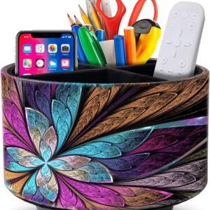 Remote Control Holder Round Leather Art Supply Organizer, PU Leather Pencil Stationery Desk Storage Makeup Organizer for Heater Controllers TV Remotes, 4 Compartments, 360 Degree Spinning