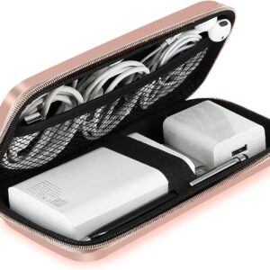 iMangoo Shockproof Travel Essentials Organizer Charger Case, Space-Optimized Small Zipper Electronics Accessories Pouch Tech Cord Cable Power Bank Storage for Women Men, 6.5x3.2x1 In (Rose Gold)