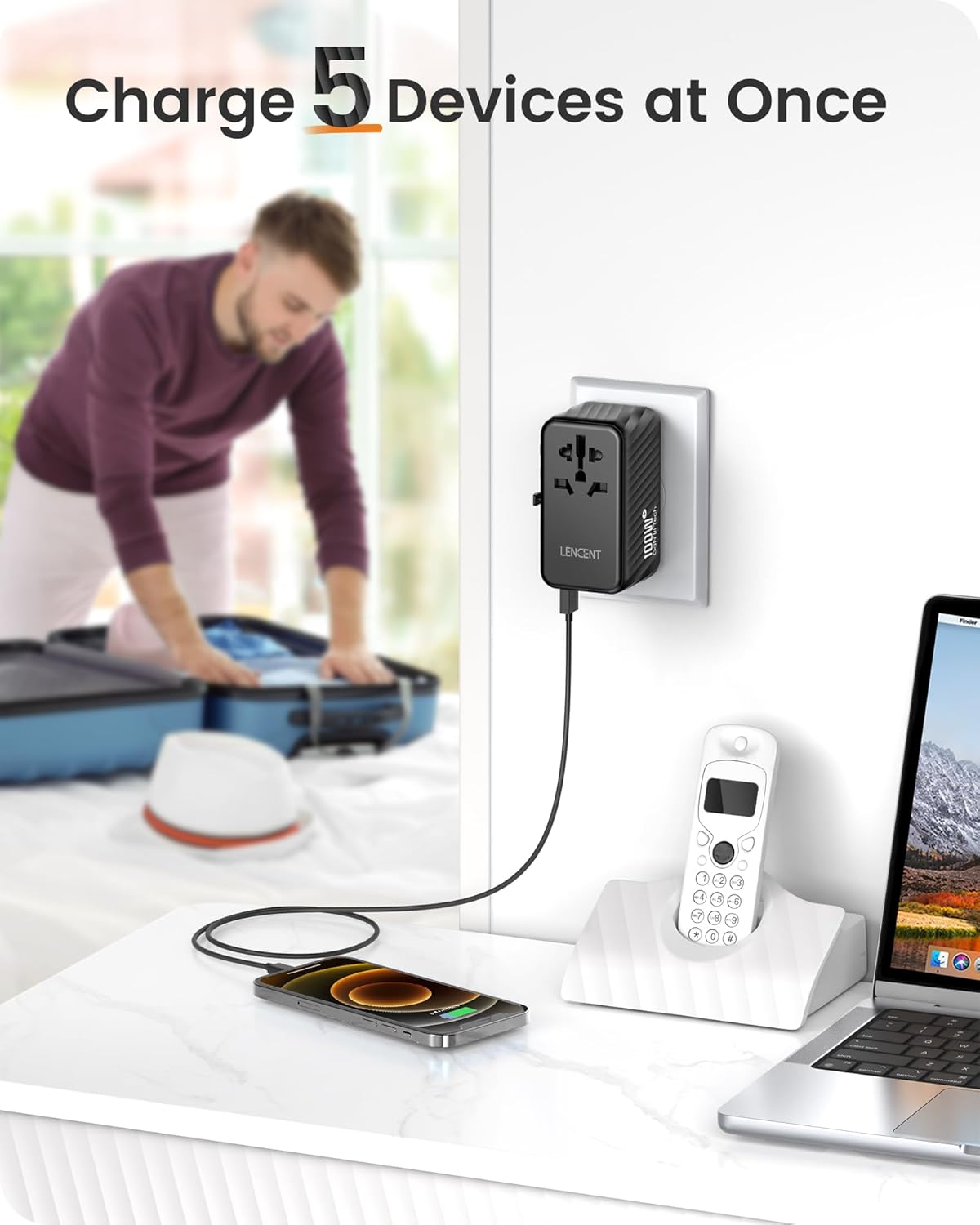 LENCENT Universal Travel Adapter, 100W GaN International Fast Charger with 2 PD3.0 Type C+2 QC USB A, Worldwide Power Adaptor for Phones,Laptops, All in One Travel Essentials for EU/USA/UK/AU, Black - Image 5