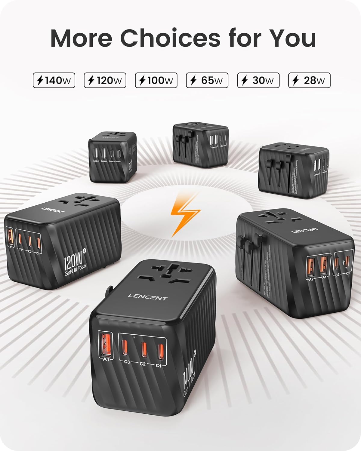 LENCENT Universal Travel Adapter, 100W GaN International Fast Charger with 2 PD3.0 Type C+2 QC USB A, Worldwide Power Adaptor for Phones,Laptops, All in One Travel Essentials for EU/USA/UK/AU, Black - Image 6