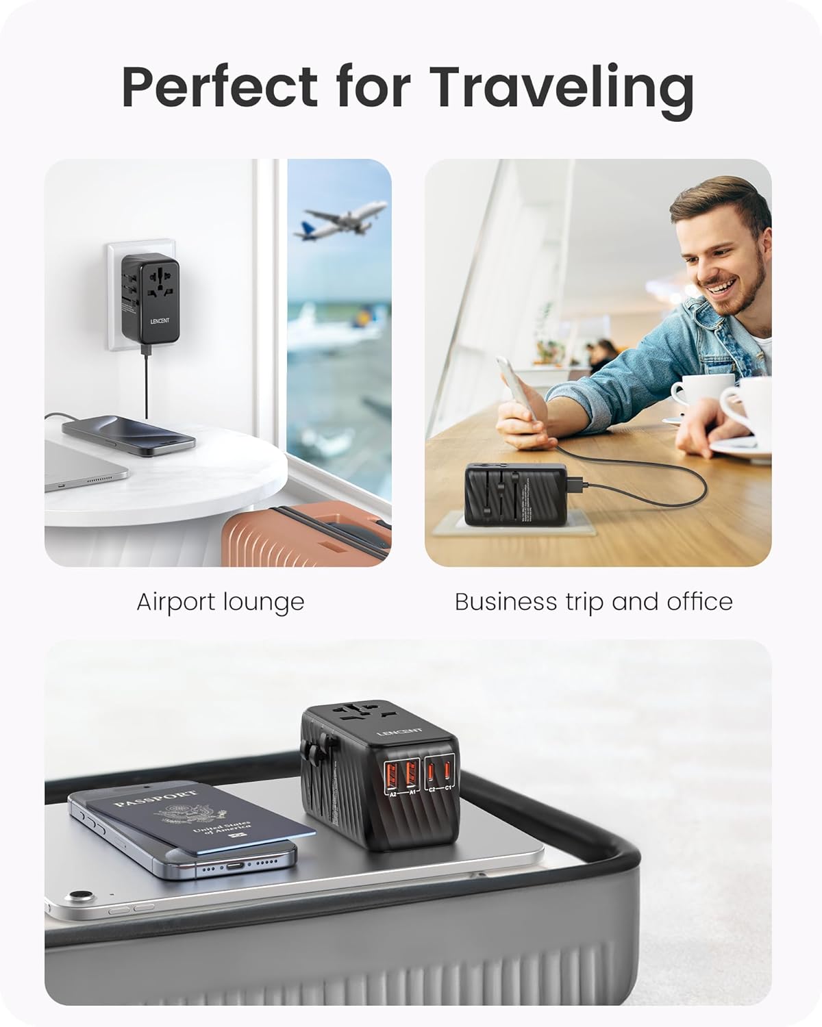 LENCENT Universal Travel Adapter, 100W GaN International Fast Charger with 2 PD3.0 Type C+2 QC USB A, Worldwide Power Adaptor for Phones,Laptops, All in One Travel Essentials for EU/USA/UK/AU, Black - Image 7