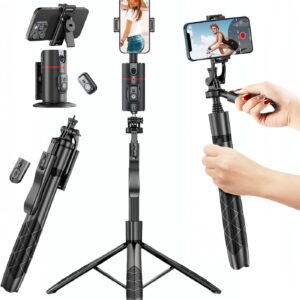 Auto Face Tracking Tripod, 360° Rotation Face Body Tracking Phone Holder, Rechargeable Smartphone Camera Mount Remote & Gesture Control with Adjustable Selfie Stick Tripod Stand for Phone Camera GoPro