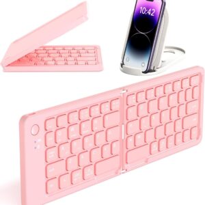 COOFUN Wireless Keyboard, Foldable Wireless Rechargeable Bluetooth Keyboard with Holder Pink