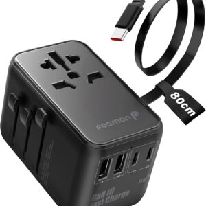Fosmon Universal Travel Adapter Worldwide with Built-in USB C Cable, 35W GaN III/PD Fast Charging International Travel Plug Adapter, 6 in 1 Power Charger Outlet with 4 USB Ports for US to EU UK AUS