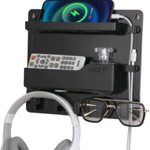 JUMEIHUI Wall Mount Shelf Organizer, Adhesive Bedside Shelf Accessories with Hooks and Cable Clips, Dorm Room Wall Storage for Phone, Remote, Earphone, Kindle, Plastic(Black)