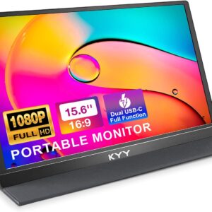 KYY Portable Monitor 15.6'' 1080P FHD USB-C Laptop Monitors w/Smart Cover & Dual Speaker, HDMI Computer Display IPS HDR External Gaming Monitor for PC Phone Mac Xbox PS4 Switch[Upgraded]