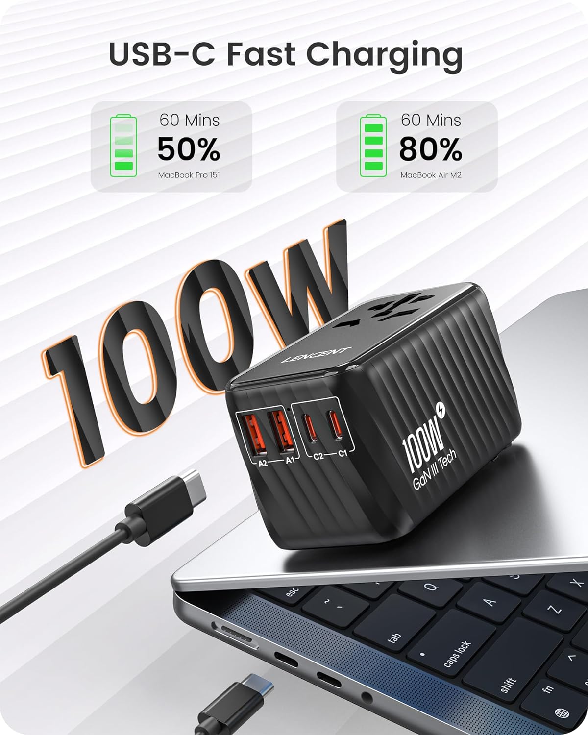 LENCENT Universal Travel Adapter, 100W GaN International Fast Charger with 2 PD3.0 Type C+2 QC USB A, Worldwide Power Adaptor for Phones,Laptops, All in One Travel Essentials for EU/USA/UK/AU, Black - Image 2