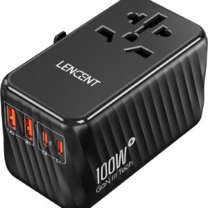 LENCENT Universal Travel Adapter, 100W GaN International Fast Charger with 2 PD3.0 Type C+2 QC USB A, Worldwide Power Adaptor for Phones,Laptops, All in One Travel Essentials for EU/USA/UK/AU, Black