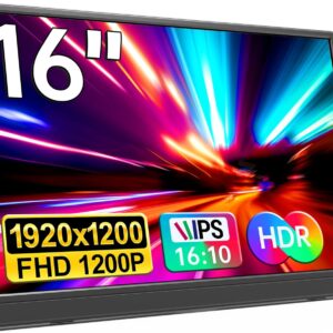 Portable Monitor 16.0inch FHD 1920 * 1200P USB C HDMI Ultra-Slim IPS Travel Display & Speakers, HDR Plug&Play, External Monitor for Laptop PC, Phone,Mac