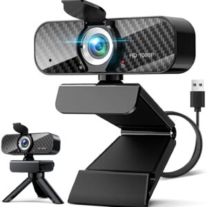 Webcam Full HD 1080P with Built-in Microphone and Rotatable Tripod, Carbon Fiber Board and Privacy Cover, Auto Light Correction, Adjustable FOV, Plug&Play for Zoom/Skype/Facetime/YouTube, Laptop/PC