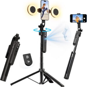 yAyusi 70.9" Auto Face Tracking Selfie Stick Tripod for iPhone with Light, No App, 360° Rotation Tripod That Follows Your Movement with Remote Control for Vlog/Live Stream/Video Recording