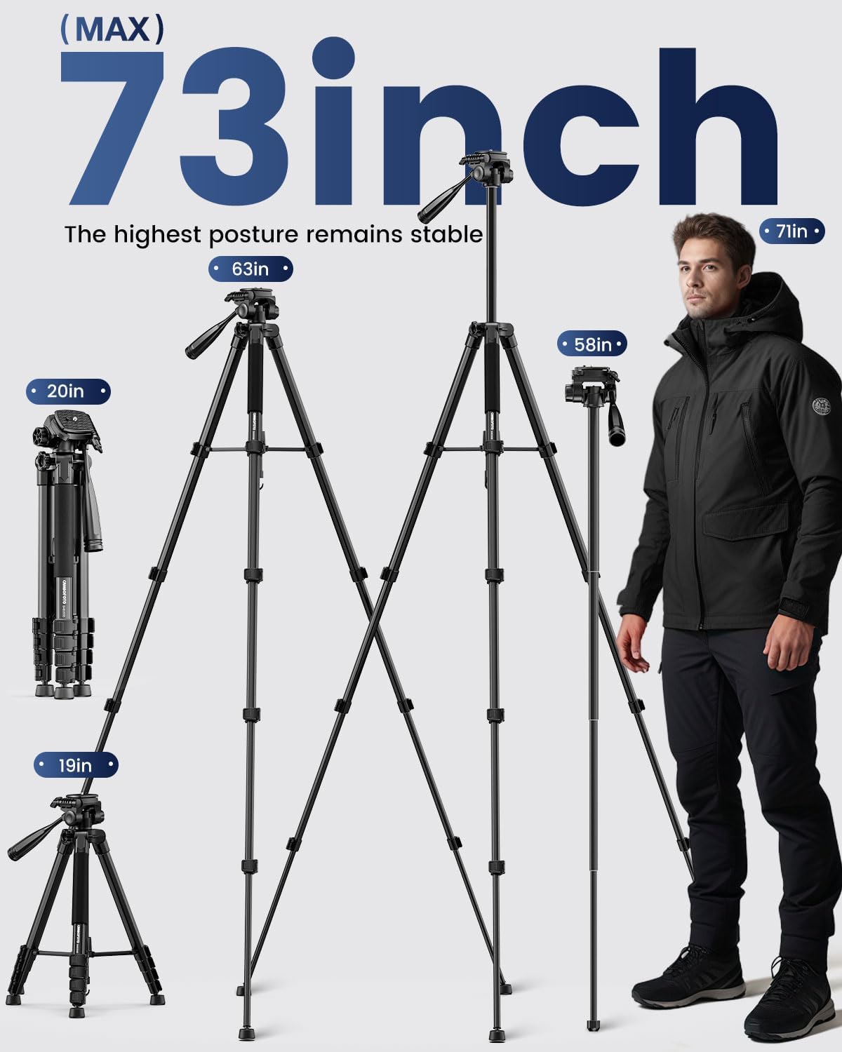 CAMBOFOTO 73" Camera Tripod and Monopod, Professional Aluminum Tripod Stand for Mirrorless Camera/DSLR/Cell Phone/Camcorder/GoPro, with Phone Holder and Travel Bag (Black) - Image 3