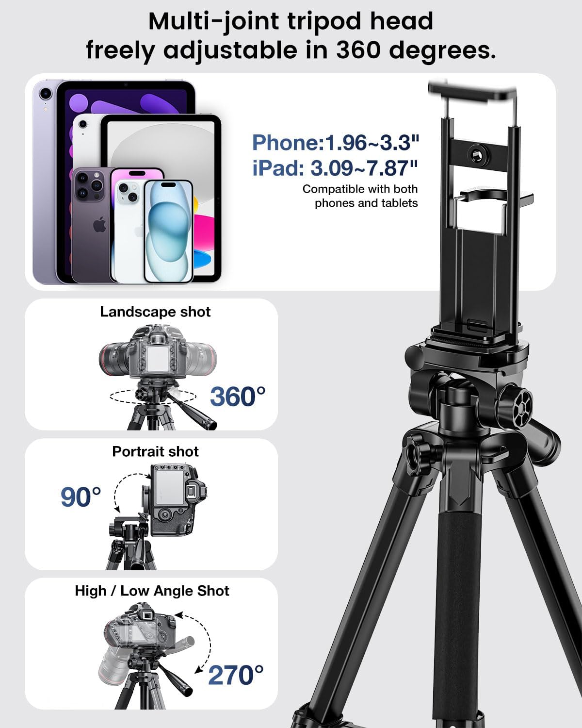 CAMBOFOTO 73" Camera Tripod and Monopod, Professional Aluminum Tripod Stand for Mirrorless Camera/DSLR/Cell Phone/Camcorder/GoPro, with Phone Holder and Travel Bag (Black) - Image 5