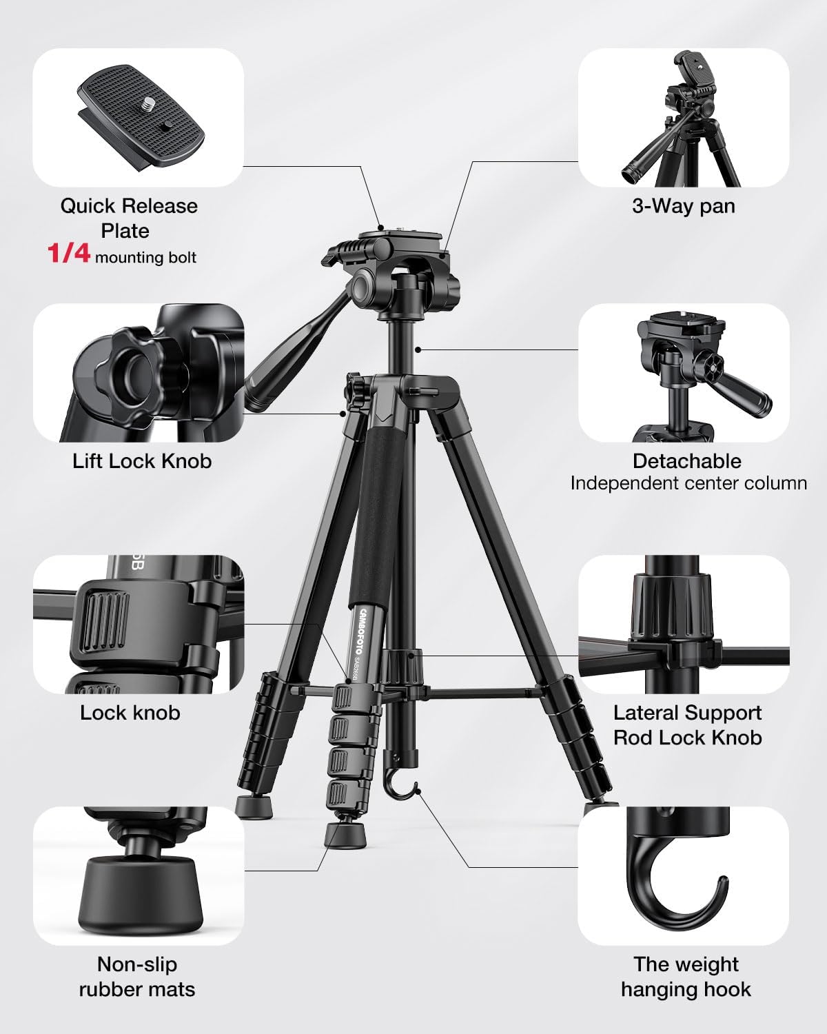 CAMBOFOTO 73" Camera Tripod and Monopod, Professional Aluminum Tripod Stand for Mirrorless Camera/DSLR/Cell Phone/Camcorder/GoPro, with Phone Holder and Travel Bag (Black) - Image 6