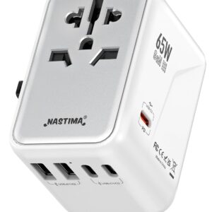 NASTIMA 65W Universal Travel Adapter Worldwide, 3USB-C PD & 2USB-A QC Travel Charger, GaN III Technology for Laptops Tablets Phones with UK,EU,AU,US Plugs (Type G/C/I/A)
