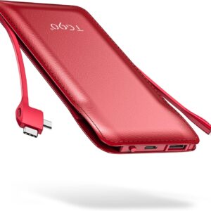 TG90° Portable Charger 10000mah Cell Phone Battery Backup, Ultra Slim Power Bank with Built in Lightning and USB-C Cable, Portable Phone Charger Battery Packs Compatible with iPhone Android Phones