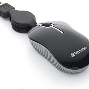 Verbatim Wired Optical Computer Mini USB-A Mouse - Plug & Play Corded Small Travel Mouse with Retractable Cable – Black 98113