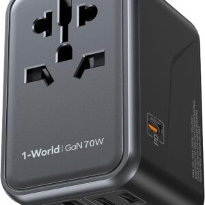 MOMAX 6-in-1 Universal Travel Adapter, GaN 70W International Power Adapter, 3 USB-C PD Fast Charging & 2 USB-A QC, 1 AC, All-in-one International Plug Adapter for Travel European UK AUS JP
