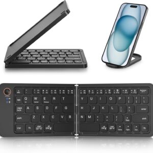 Mini Foldable Bluetooth Keyboard - Portable Wireless Full Size Keyboard (Sync Up to 3 Devices), Ultra-Slim Aluminum Travel Folding Keyboards for iPhone iPad Mac Android Windows iOS (Black)