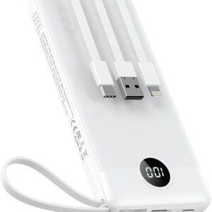 VEEKTOMX Portable Charger Built-in Cables, 10000mAh Power Bank for iPhone, Fast Charge USB C Battery Pack Travel Essentials Powerbank Compatible with iPhone 17/16/15/14, Samsung S25/24, Android, etc