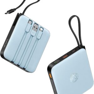 VRURC 10000mAh Portable Charger for iPhone with Built-in Cables, PD 20W Fast Charging Power Bank, Battery Pack for iPhone 17 16 15 14 13 Samsung Galaxy S25 S24 Series Android, Blue(1 Pack)