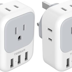 2 Pack US to UK Plug Adapter, TESSAN Ireland Scotland Type G Power Adapter, 4 American Outlets 3 USB, Travel Adaptor Converter for USA to England London British Hong Kong Irish Kenya Dubai Qatar