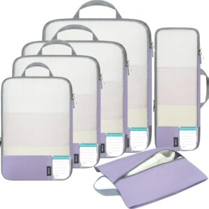 BAGAIL 6 Set Lightweight Compression Packing Cubes with Packing List, Anti-Tearing Expandable Organizer Bags for Travel, Dusty Purple