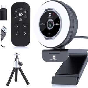 VITADE Zoomable Webcam with Remote Control, 1080P 60FPS Streaming Webcam with Adjustable Ring Light and Tripod, Pro USB 5X Digital Zoom Webcam for Zoom/Skype Teams/Laptop/Mac Windows