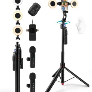 Vlogging Kit for iPhone/Android, 70”Auto Face Tracking Tripod Auto-Open Tripod Stand for iPhone with Light, Wireless Microphones with Remote, YouTube Starter kit for TikTok, Vlogging