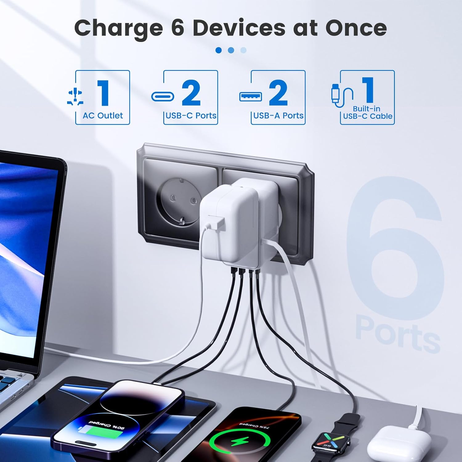 Universal Travel Adapter, for GaN 100W International Power Adapter Built-in Type-c Cable Fast Charging & 4 USB Charging Ports, All-in-One Wall Charger for US to Europe EU UK AUS White - Image 3