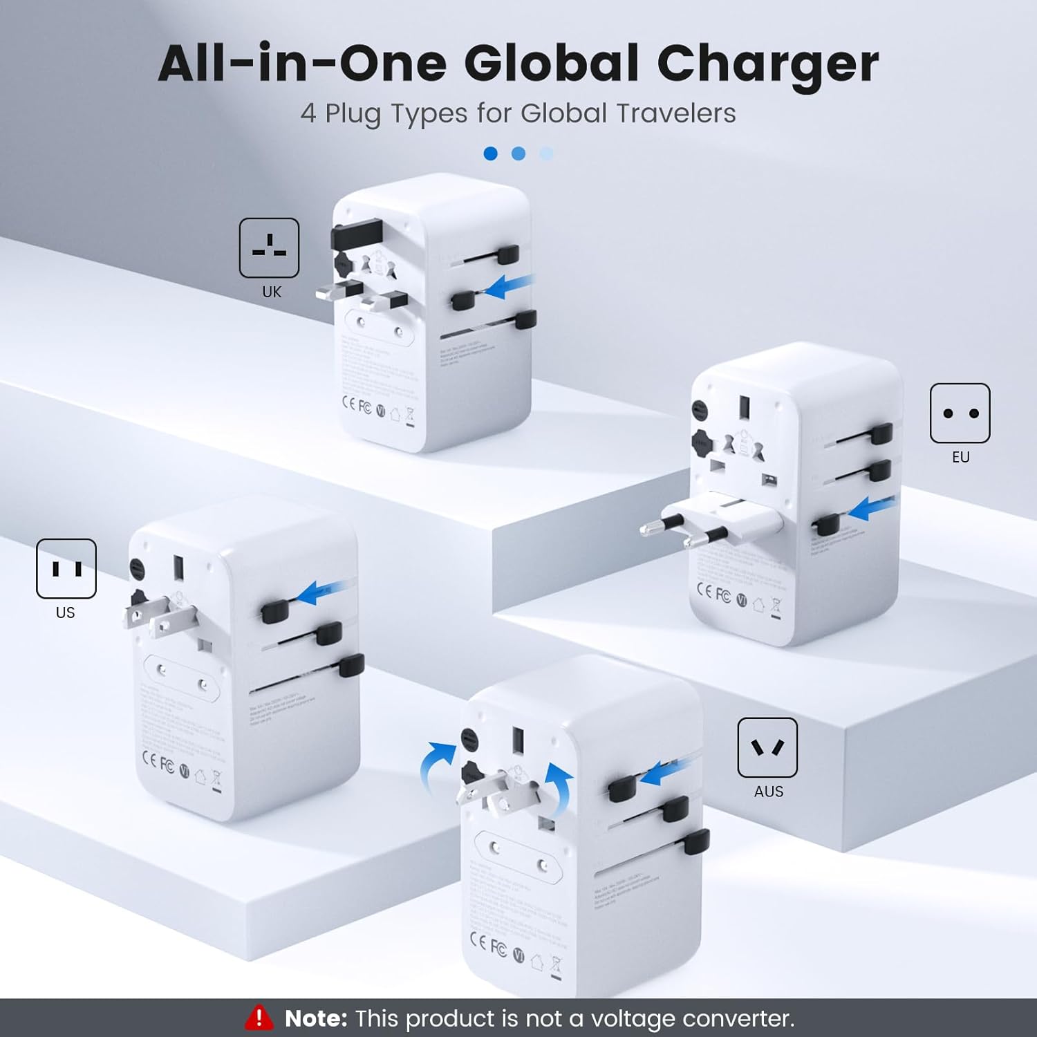 Universal Travel Adapter, for GaN 100W International Power Adapter Built-in Type-c Cable Fast Charging & 4 USB Charging Ports, All-in-One Wall Charger for US to Europe EU UK AUS White - Image 4