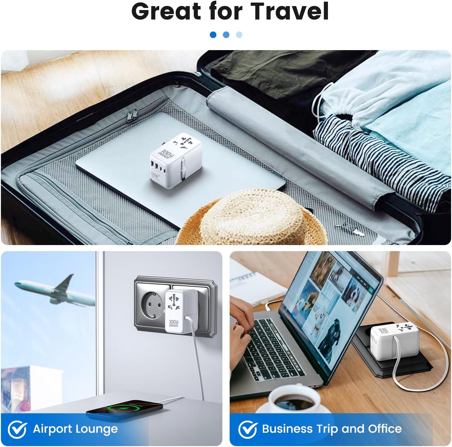 Universal Travel Adapter, for GaN 100W International Power Adapter Built-in Type-c Cable Fast Charging & 4 USB Charging Ports, All-in-One Wall Charger for US to Europe EU UK AUS White - Image 7