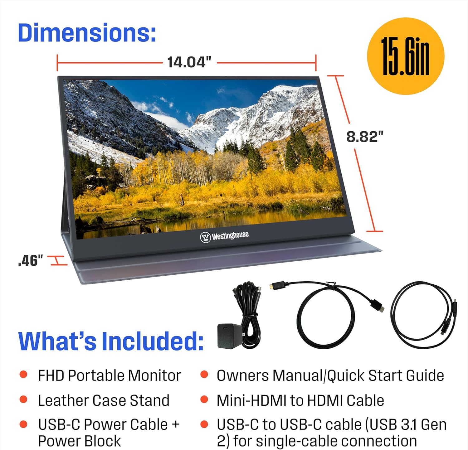 Westinghouse 15.6 Inch Portable Monitor for Laptop & Travel, 1080p, 60Hz, IPS Display, Full HD Screen with Magnetic Protective Cover, Built in Speakers, 1x Mini HDMI, 1x USB Type-C - Image 7