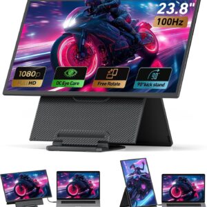 23.8" Portable Monitor 1080P FHD 100Hz, IPS Laptop Screen Extender with 120% sRGB, 90° Rotatable & Height Adjustable Stand, USB-C/HDMI Plug & Play, Travel Monitor for Mac, Phone, Switch, Xbox, PS5