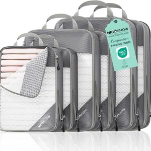 6 Set Compression Packing Cubes for Travel - Compressible, Lightweight, and Space-Saving Packing Cubes, Travel Essentials for Women, Grey