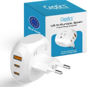Ceptics European Travel Plug Adapter - 5 Input with 20W PD-QC 3.1A Dual USB-C and USB - Light Weight - USA to Any Type C Countries Such as Italy, Iceland, Austria and More (PTU-9C), White