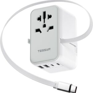 TESSAN Universal Travel Adapter PD 35W GaN, International Power Adapter Built in 1 Retractable USB C Cable, 6 in 1 Travel Adaptor Worldwide with 4 USB Ports for US to Europe UK AUS (Type C G A I)