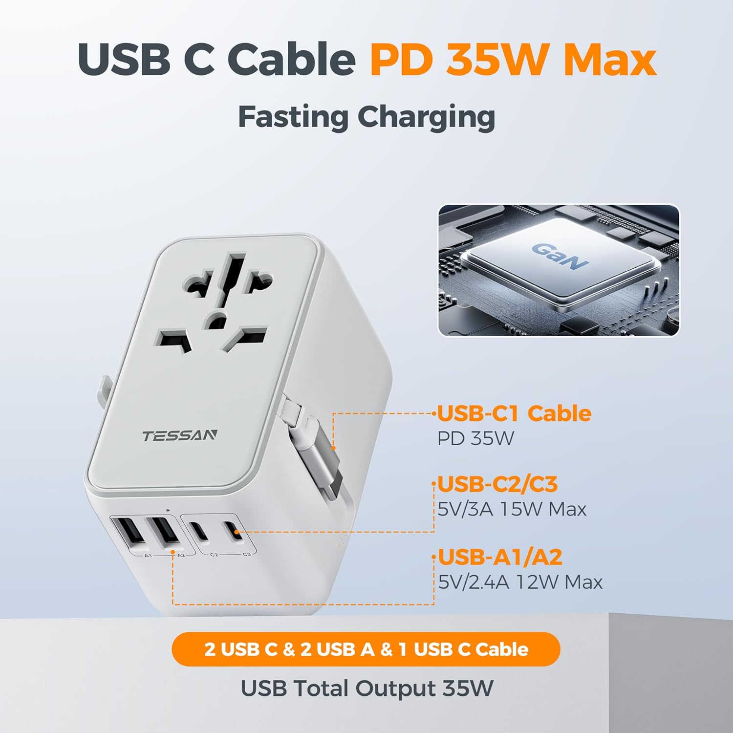 TESSAN Universal Travel Adapter PD 35W GaN, International Power Adapter Built in 1 Retractable USB C Cable, 6 in 1 Travel Adaptor Worldwide with 4 USB Ports for US to Europe UK AUS (Type C G A I) - Image 2