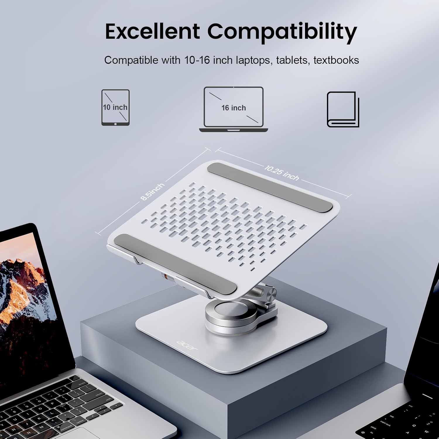 acer Laptop Stand for Desk - with 360 Swivel Base, Rotating Laptop Riser for Desk, Adjustable Computer Stand for Laptops, Ergonomic Riser Holder Foldable, Portable MacBook Pro Air (10-16") - Silver - Image 6