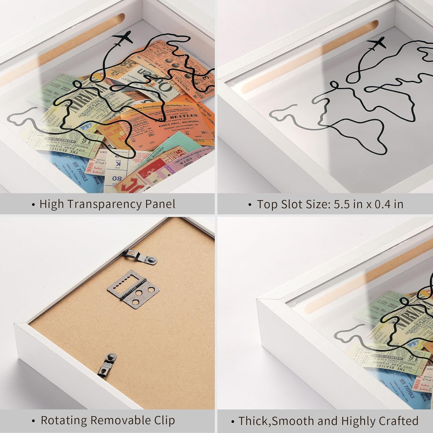 Travel Adventure Archive Shadow Box For Memories,8&12Inch Concert Travel Ticket Stub Memory Top Loading Shadow Keepsake Box With Slot On Top,life In a Shadow Box Travel Frame (White, 8x8) - Image 4