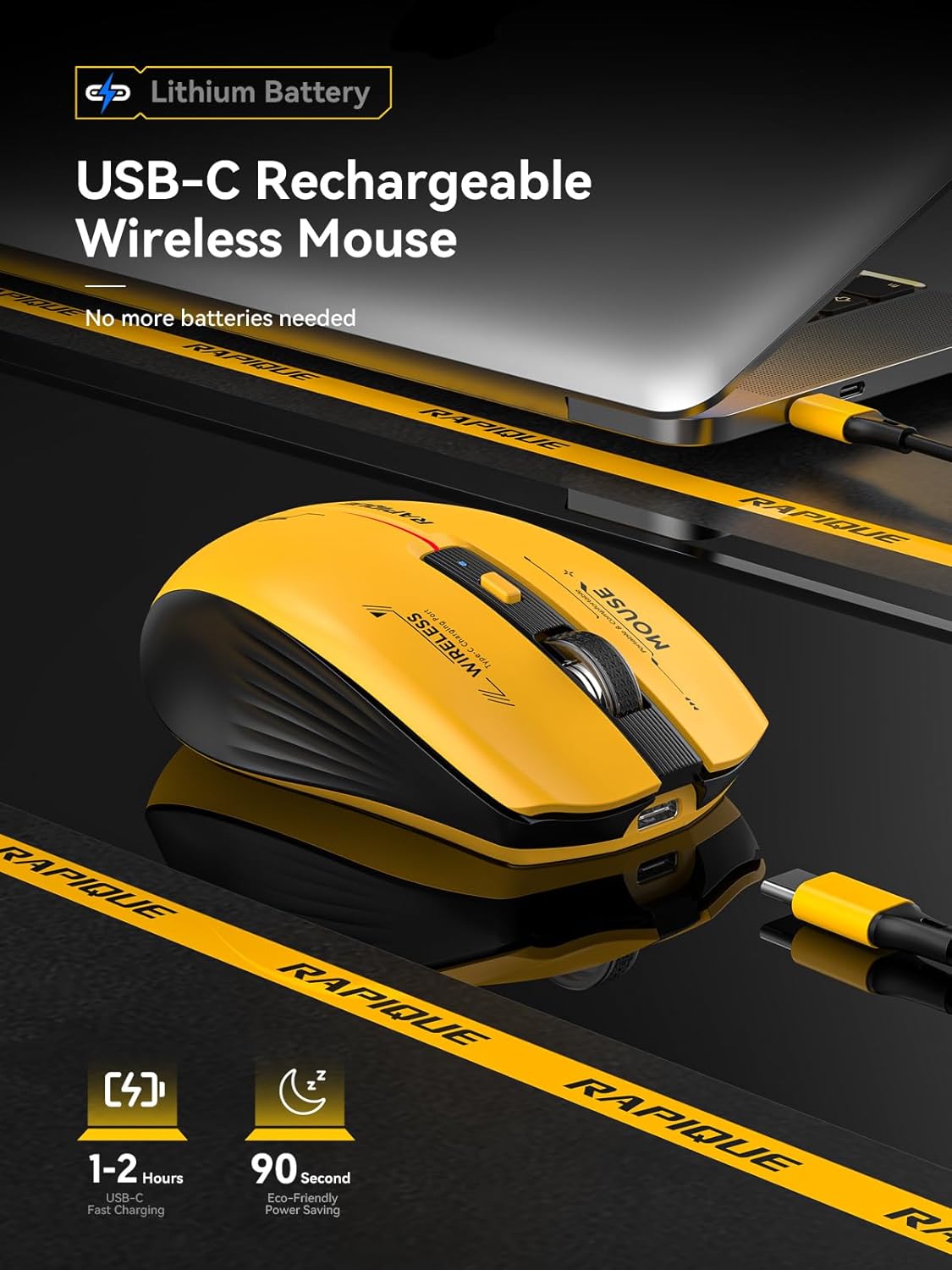RAPIQUE Bluetooth Wireless Mouse - (BT1/BT2+USB Receiver) Tri-Device Compatibility for PC, Laptop, Computer, MacBook, Tablet (Black and Yellow) - Image 3
