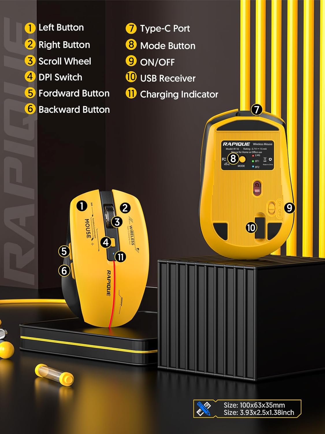 RAPIQUE Bluetooth Wireless Mouse - (BT1/BT2+USB Receiver) Tri-Device Compatibility for PC, Laptop, Computer, MacBook, Tablet (Black and Yellow) - Image 5