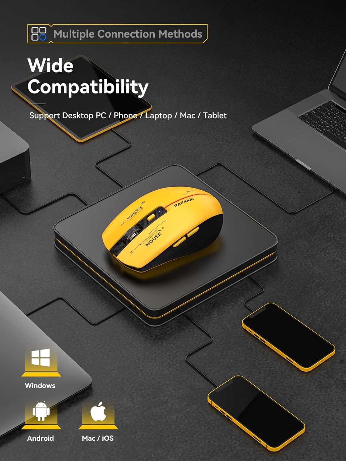 RAPIQUE Bluetooth Wireless Mouse - (BT1/BT2+USB Receiver) Tri-Device Compatibility for PC, Laptop, Computer, MacBook, Tablet (Black and Yellow) - Image 7